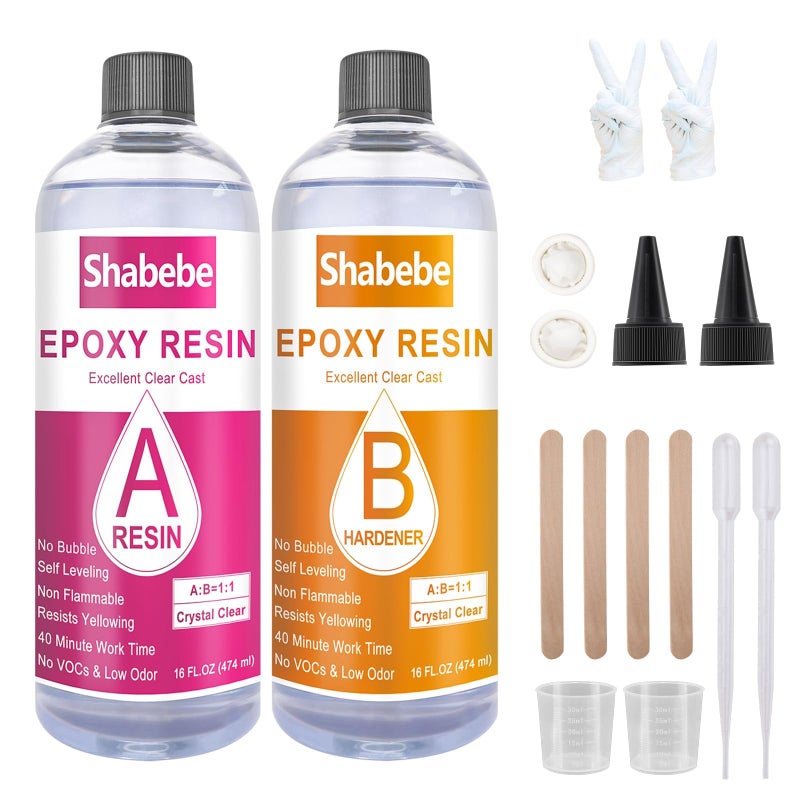 Shabebe Epoxy Resin, 32OZ Epoxy Resin Crystal Clear, Not-Yellowing No-Bubble, Self Leveling Easy Pou/Mix 1:1 Casting Kit & Coating for DIY Jewelry Making, Art Resina Clear Crafts, Molds, River Tables - Image 1